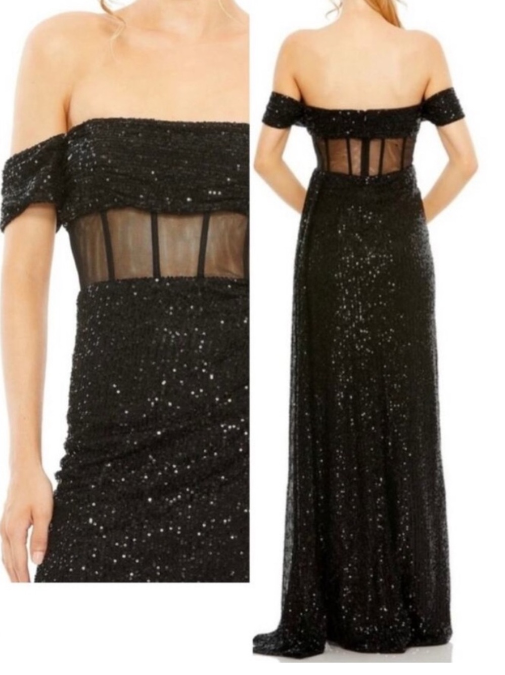 Ieena Mac Duggal Black Sequin Corset Bodice  Gown Off Shoulder Slit Sz 12 NWT